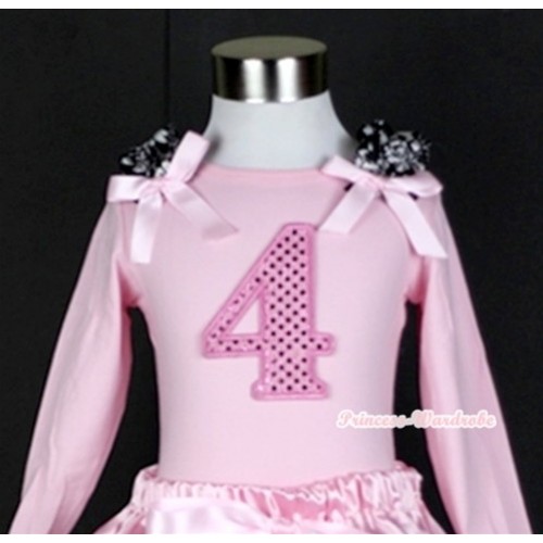 Light Pink Long Sleeves Top with 4th Sparkle Light Pink Birthday Number Print With Damask Ruffles & Light Pink Bow TW324 